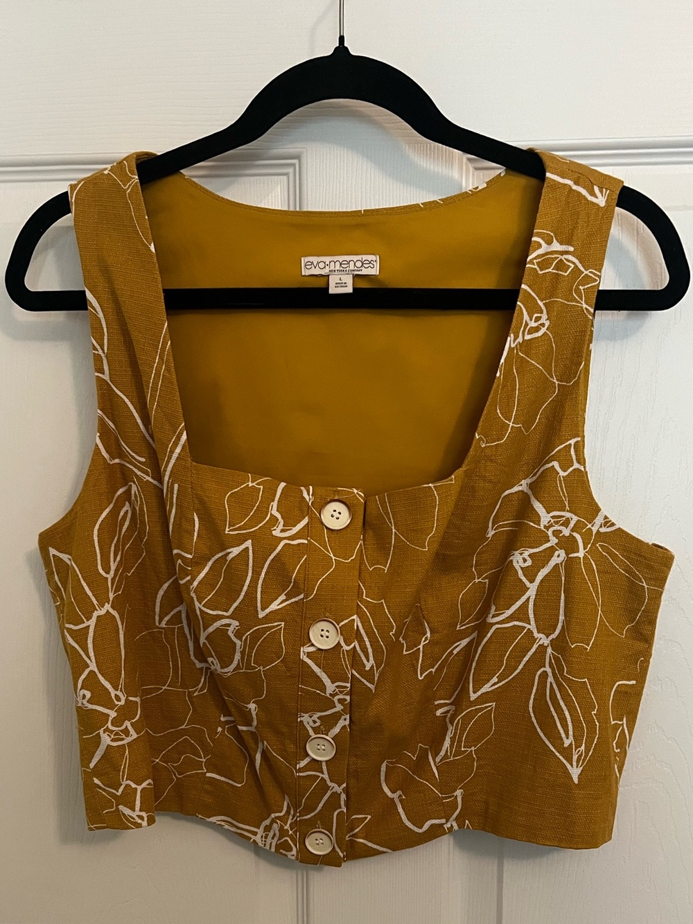 eva mendes for New York & Company Mustard Floral Button-Front Crop Tank